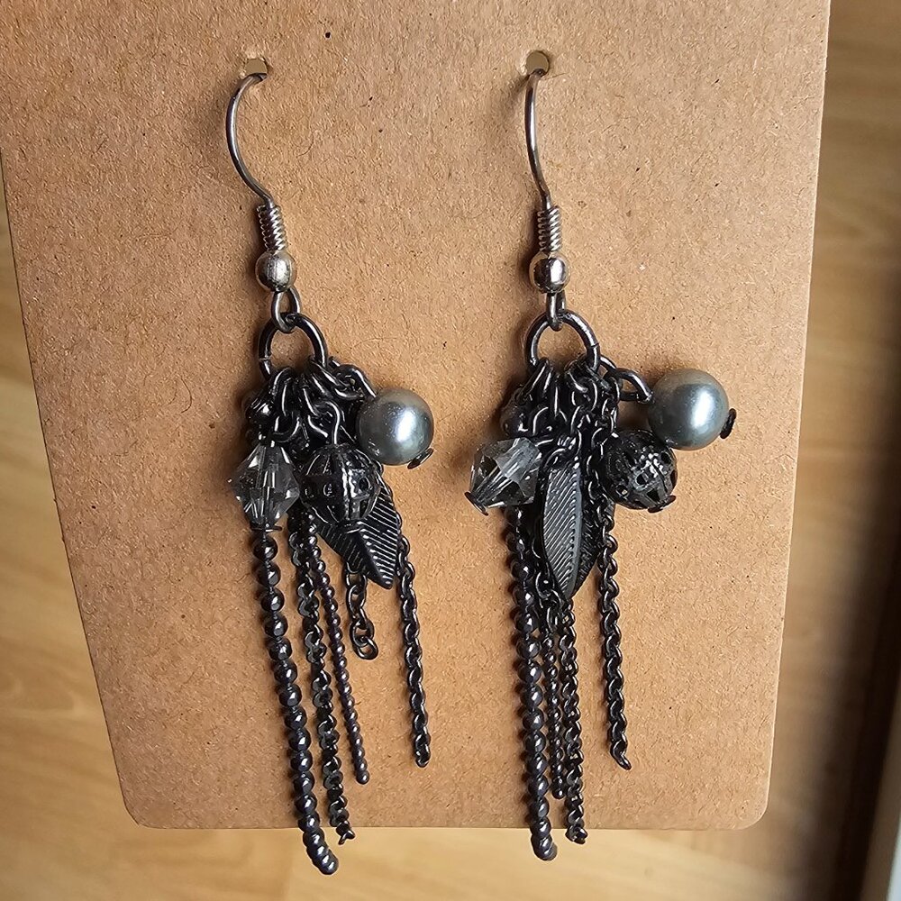 BRAND NEW! Gunmetal Beaded Leaf + Chain Dangle Earrings